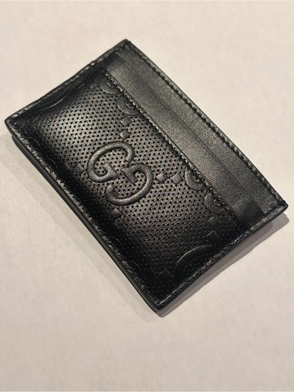 Gucci Black Perforated Leather Card Holder with Embossed GG